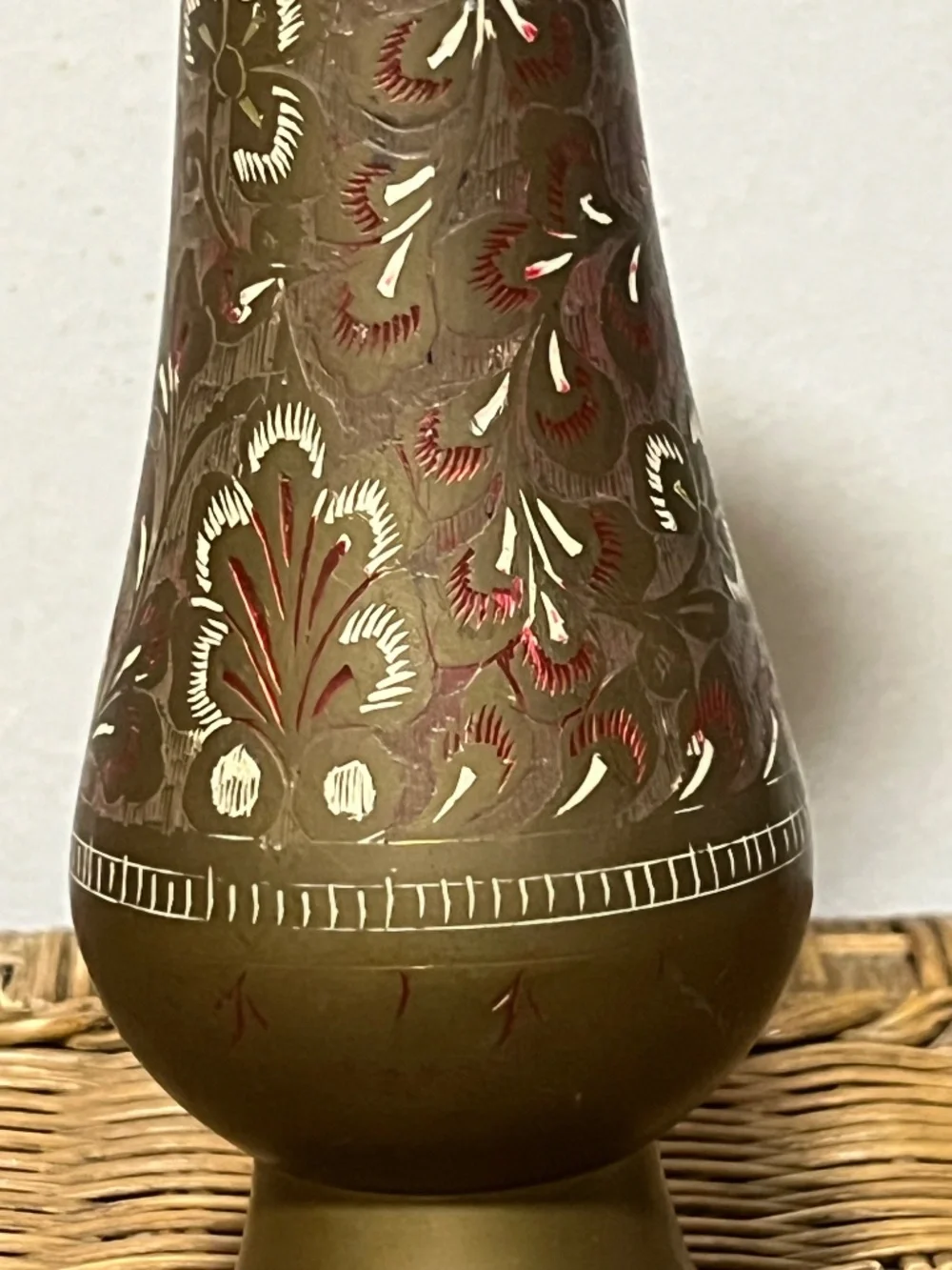 Vintage Pair of Colored Etched Brass Vases Made In India 1970s